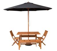 Samuel Alexander 6 Person Dining Table, 2 Benches, Chairs with Black Parasol & Base in Brown Samuel Alexander Brown 6 Person
