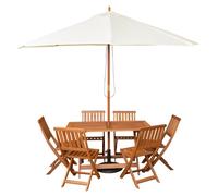 Samuel Alexander 6 Person Folding Wooden Dining Table Chairs Cream Parasol & Base in Brown Samuel Alexander Brown 6 Person