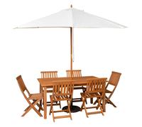 Samuel Alexander 6 Person Wooden Patio Dining Table Chairs with Cream Parasol & Base in Brown Samuel Alexander Brown 6 Person