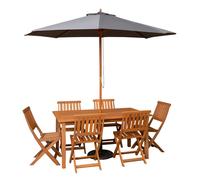 Samuel Alexander 6 Person Wooden Patio Dining Table Chairs with Grey Parasol & Base in Brown Samuel Alexander Brown 6 Person