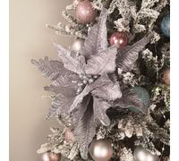 Samuel Alexander 68Cm Silver Velvet Poinsettia Stem With 2 Flowers Christmas Decoration