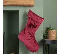 Samuel Alexander 70Cm Hanging Burgundy Velour Star Print Christmas Stocking With Pom Poms