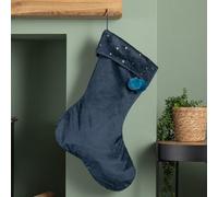 Samuel Alexander 70cm Hanging Dark Blue Velour Star Print Christmas Stocking with Pom Poms