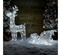 Samuel Alexander 70cm Soft Acrylic Flashing LED Reindeer and Sleigh Christmas Decoration with Timer in Cool White