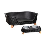 Samuel ALEXANDER 77cm x 58cm Black Plastic Raised Pet Basket with Legs and Black Plastic Double Pet Bowl Feeder with Stand Set