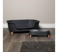 Samuel Alexander 77Cm X 58Cm Grey Plastic Raised Pet Basket With Legs And Grey Plastic Double Pet Bowl Feeder With Stand Set