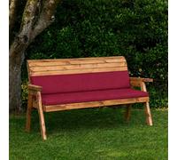 Samuel Alexander Hand Made 3 Seater Chunky Rustic Wooden Garden Bench & Waterproof Burgundy Cushions - Flat Packed