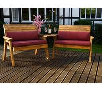 Samuel Alexander Hand Made 4 Seater Chunky Rustic Wooden Furniture Set With 2 Benches, Angled Tray & Burgundy Cushions