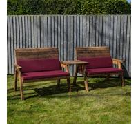 Samuel Alexander Hand Made 4 Seater Chunky Rustic Wooden Furniture With 2 Benches, Straight Tray & Burgundy Cushions