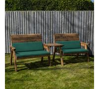 Samuel Alexander Hand Made 4 Seater Chunky Rustic Wooden Furniture With 2 Benches, Straight Tray & Green Cushions
