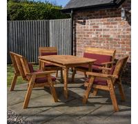 Samuel Alexander Hand Made 6 Seater Rustic Wooden Garden Furniture Set. Table, Bench, Chairs & Burgundy Cushions
