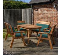Samuel Alexander Hand Made 6 Seater Rustic Wooden Garden Furniture Set. Table, Bench, Chairs & Green Cushions