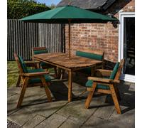 Samuel Alexander Hand Made 6 Seater Rustic Wooden Garden Furniture Set. Table, Bench, Chairs, Parasol & Green Cushions