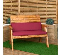 Samuel Alexander Hand Made Traditional 2 Seater Chunky Rustic Wooden Garden Bench With Burgundy Cushions.