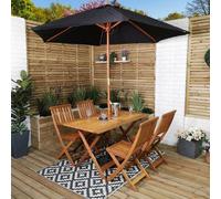 Samuel Alexander Outdoor 4 Person Folding Rectangular Wooden Garden Dining Table Chairs Black Parasol And Base Set