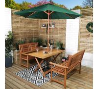 Samuel Alexander Outdoor 4 Person Folding Rectangular Wooden Garden Patio Dining Table Benches Parasol and Base Set - Outdoor Furniture Sets