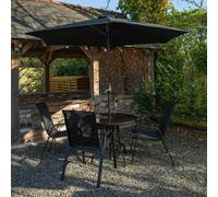 Samuel Alexander Outdoor 4 Person Round Glass Top Garden Dining Table Chairs With Black Parasol and Base Set