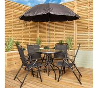 Samuel Alexander Outdoor 4 Seater Round Glass Top Table and Chairs Patio Set with Parasol in Black Samuel Alexander Black One Size