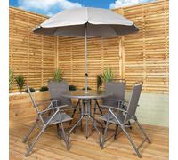 Samuel Alexander Outdoor 4 Seater Round Glass Top Table and Chairs Patio Set with Parasol in Grey