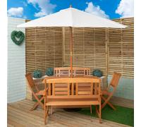 Samuel Alexander Outdoor 6 Person Folding Rectangular Wooden Garden Dining Table Chairs and 2 Benches Cream Parasol and Base set - Outdoor Furniture Sets