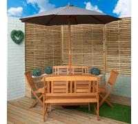 Samuel Alexander Outdoor 6 Person Folding Rectangular Wooden Garden Dining Table Chairs and 2 Benches Grey Parasol and Base set - Outdoor Furniture Sets
