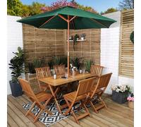Samuel Alexander Outdoor 6 Person Folding Rectangular Wooden Garden Dining Table Chairs Parasol And Base Set