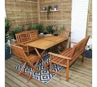 Samuel Alexander Outdoor 6 Person Folding Rectangular Wooden Garden Patio Dining Table Chairs and 2 Benches Set - Outdoor Furniture Sets