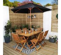 Samuel Alexander Outdoor 6 Person Folding Rectangular Wooden Garden Patio Dining Table Chairs Parasol and Base set - Outdoor Furniture Sets