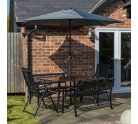 Samuel Alexander Outdoor 6 Person Rectangular Glass Top Garden Dining Table Benches & Chairs With Grey Havana Parasol and Base Set - Outdoor Furniture Sets