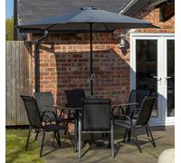 Samuel Alexander Outdoor 6 Person Rectangular Glass Top Garden Dining Table Chairs With Grey Parasol and Base Set - Outdoor Furniture Sets