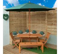 Samuel Alexander Outdoor 6 Person Rectangular Wooden Garden Dining Table, 2 Benches, Chairs with Green Parasol and Base Set - Outdoor Furniture Sets
