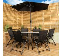 Samuel Alexander Outdoor 6 Seater Glass Top Table and Chairs Patio Set with Parasol in Black
