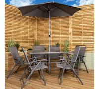 Samuel Alexander Outdoor 6 Seater Glass Top Table And Chairs Patio Set With Parasol In Grey