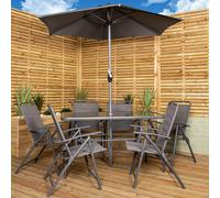 Samuel Alexander Outdoor 6 Seater Glass Top Table & Chairs Patio Set with Parasol in Grey Samuel Alexander Grey