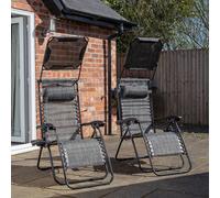 Samuel Alexander Pack Of 2 Multi Position Garden Gravity Relaxer Chair Sun Loungers With Sun Canopy In Grey