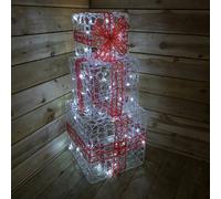 Samuel Alexander Premier Christmas Set of 3 Acrylic Parcels in White with Red Bow with Warm White LED Lights Mains Operated