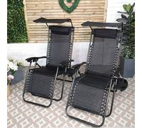 Samuel Alexander Set Of 2 Multi Position Garden Gravity Relaxer Chair Sun Lounger With Sun Canopy In Black