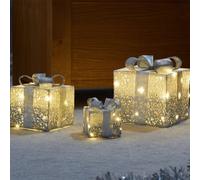 Samuel Alexander Set of 3 Battery Operated Silver Sparkly Christmas Gift Boxes with LEDs Samuel Alexander Silver