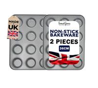 Great British Bakeware 2 Pack 14"/36cm Superior Double Coated Non-Stick 12 Cup Bun Tray, Yorkshire Pudding Tray, Muffin, Mince Pie, Fairy Cake Tin, Cupcake, UK Made, PFOA & BPA Free Cookware