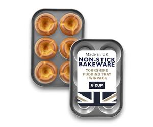 Samuel Groves 2 Pack 6 Hole Bun Yorkshire Pudding Tray, Cupcake, Muffin, Mince Pie, Double Coil Coated Non Stick, UK Made - Perfect for Air Fryer, PFOA & BPA Free