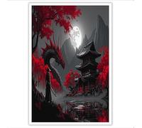 Samurai Ancient Temple Dragon Pictures For Living Room | 40×60Cm Prints For Walls | Canvas Wall Art For Hallway Stairs | Room Decor | Unframed Posters | Black And Red Artwork (Japanese Dark Landscape)