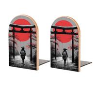 Samurai And Torii Gate Funny Bookends 1 Pair Non-Slip Wooden Book End Desk Accessories for Home Office Decor