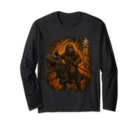 Samurai Bigfoot Riding Dinosaur Japanese Sasquatch Kanji Long Sleeve T-Shirt
