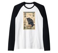 Samurai Black Cat Eating Ramen War Scene Edo Art Men Women Raglan Baseball Tee