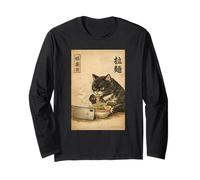 Samurai Black Cat Eating Ramen Watchin Drama Japanese Noodle Long Sleeve T-Shirt