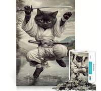Samurai Black Cat Wall Art Hard Jigsaw Puzzle for Adults 1000 Pieces Recall Boost Quiet Calm Smooth Cut Classic Gift (38x52cm)