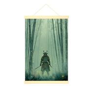 Samurai Canvas Hanging Poster Wall Art, Fantasy Mystical Forest Fog Fall Green Poster Hanging with Frame Apartment Living Room Bedroom Decor 20x28 Inches