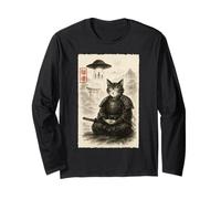 Samurai Cat Alien UFO Funny Invasion Meme Sumi-e Japanese Long Sleeve T-Shirt
