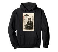 Samurai Cat Alien UFO Funny Invasion Meme Sumi-e Japanese Pullover Hoodie