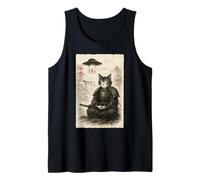 Samurai Cat Alien UFO Funny Invasion Meme Sumi-e Japanese Tank Top